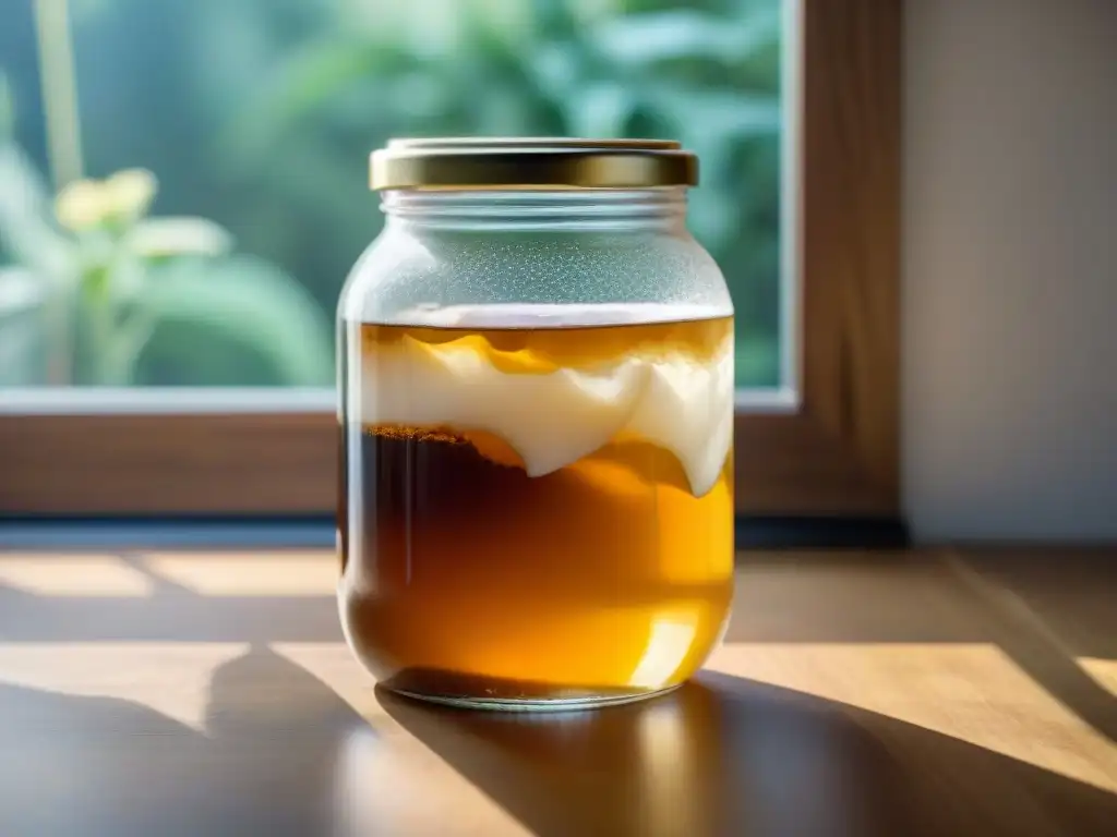 Vibrante imagen de tarro con Receta casera SCOBY sin gluten flotando en té, rodeado de burbujas y hojas de té en mostrador de madera