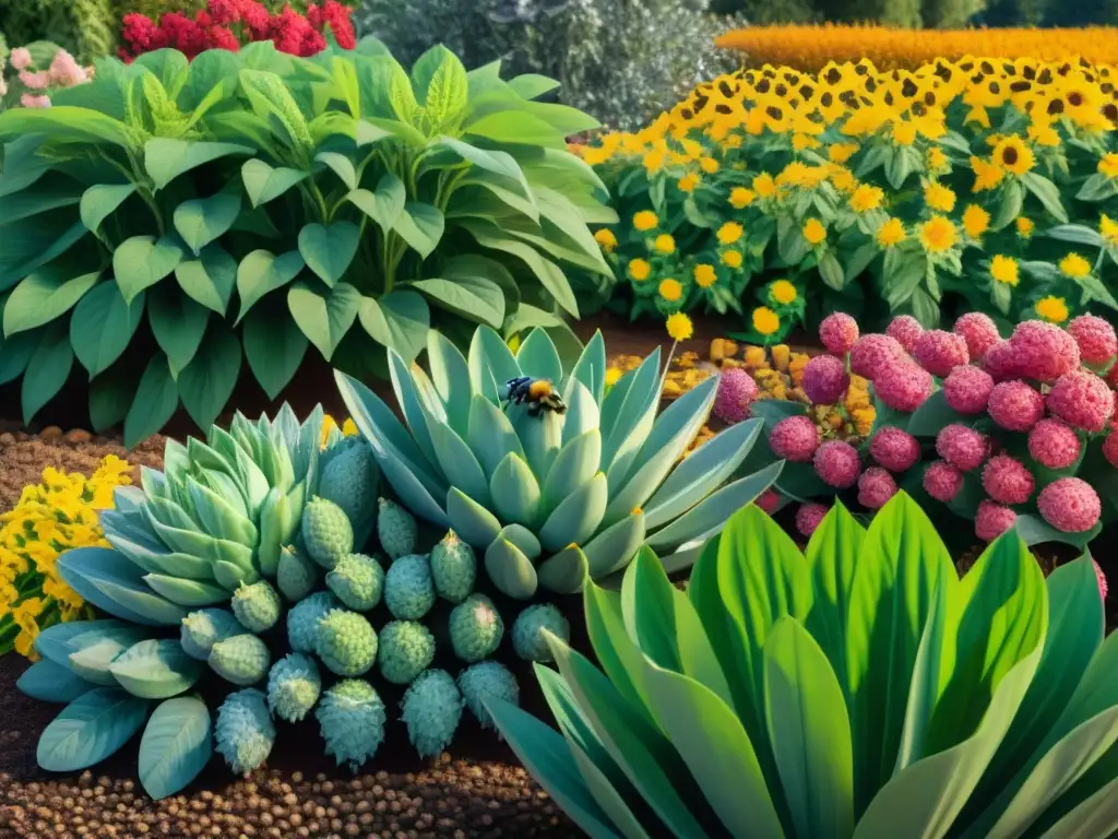 Un jardín vibrante lleno de plantas de frutos secos y semillas, con abejas y luz cálida