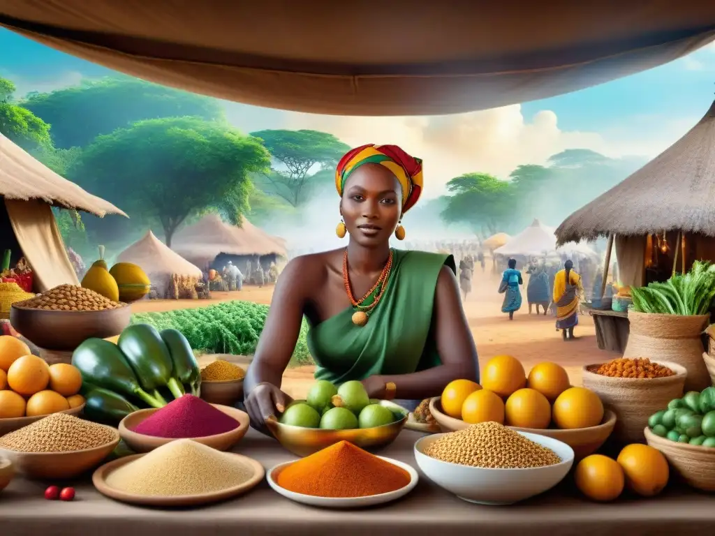 Un vibrante mercado africano con recetas sin gluten, donde mujeres preparan platillos tradicionales entre frutas y especias coloridas