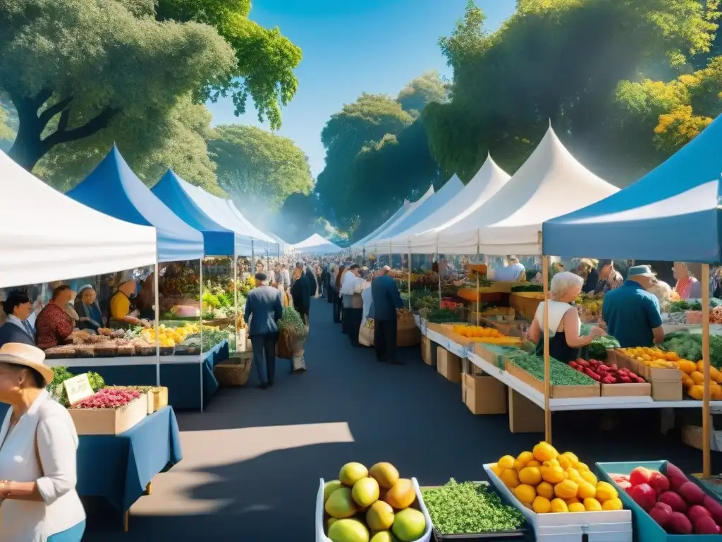 Un vibrante mercado de agricultores con alimentos frescos y horneados sin gluten, donde la comunidad se une bajo el cielo azul