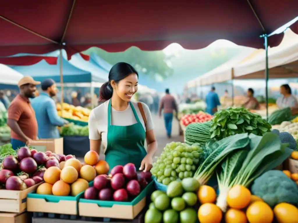 Un vibrante mercado de agricultores con platos sin gluten recetas innovadoras, gente feliz y colorida