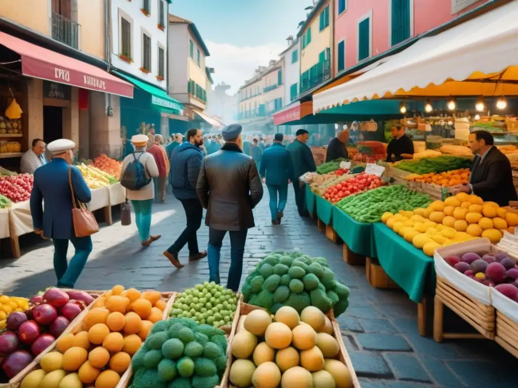 Un vibrante mercado al aire libre en León, España, con productos coloridos y letreros de recetas sin gluten