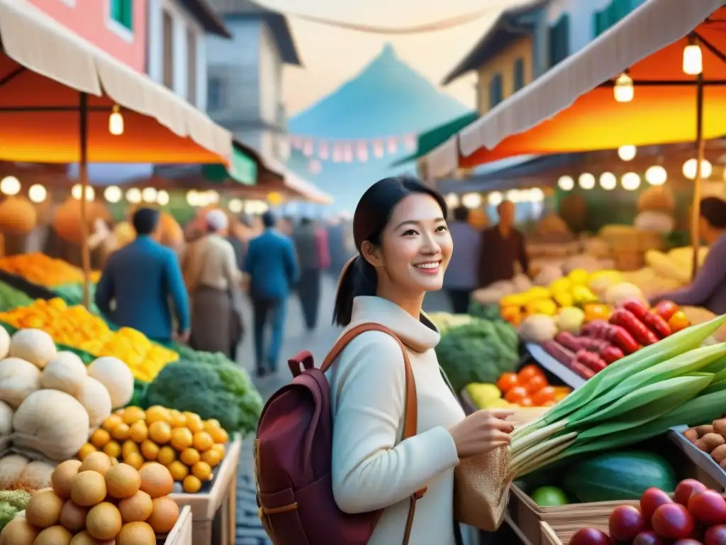 Vibrante mercado al aire libre con frutas, verduras y especias coloridas