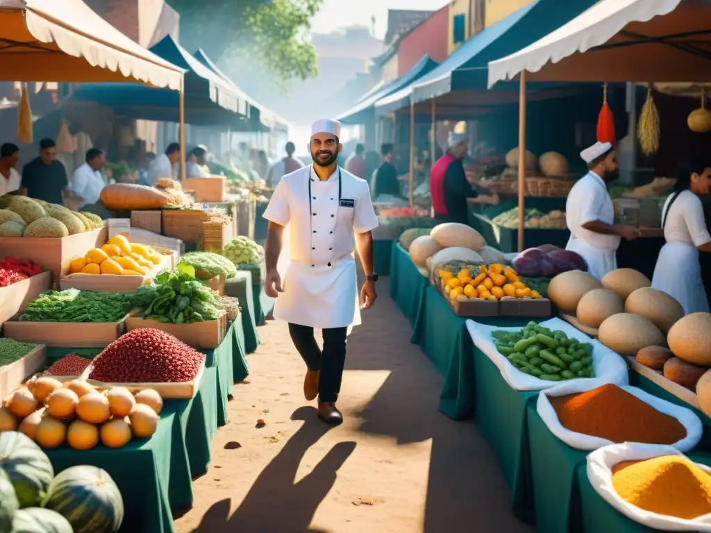 Un vibrante mercado al aire libre con puestos coloridos de frutas, verduras y especias