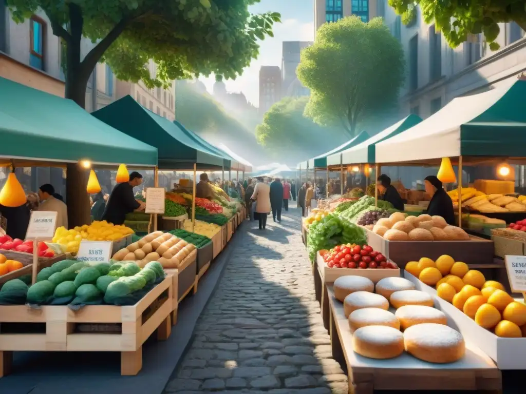 Un vibrante mercado al aire libre en una ciudad, con productos frescos, pan artesanal y opciones sin gluten