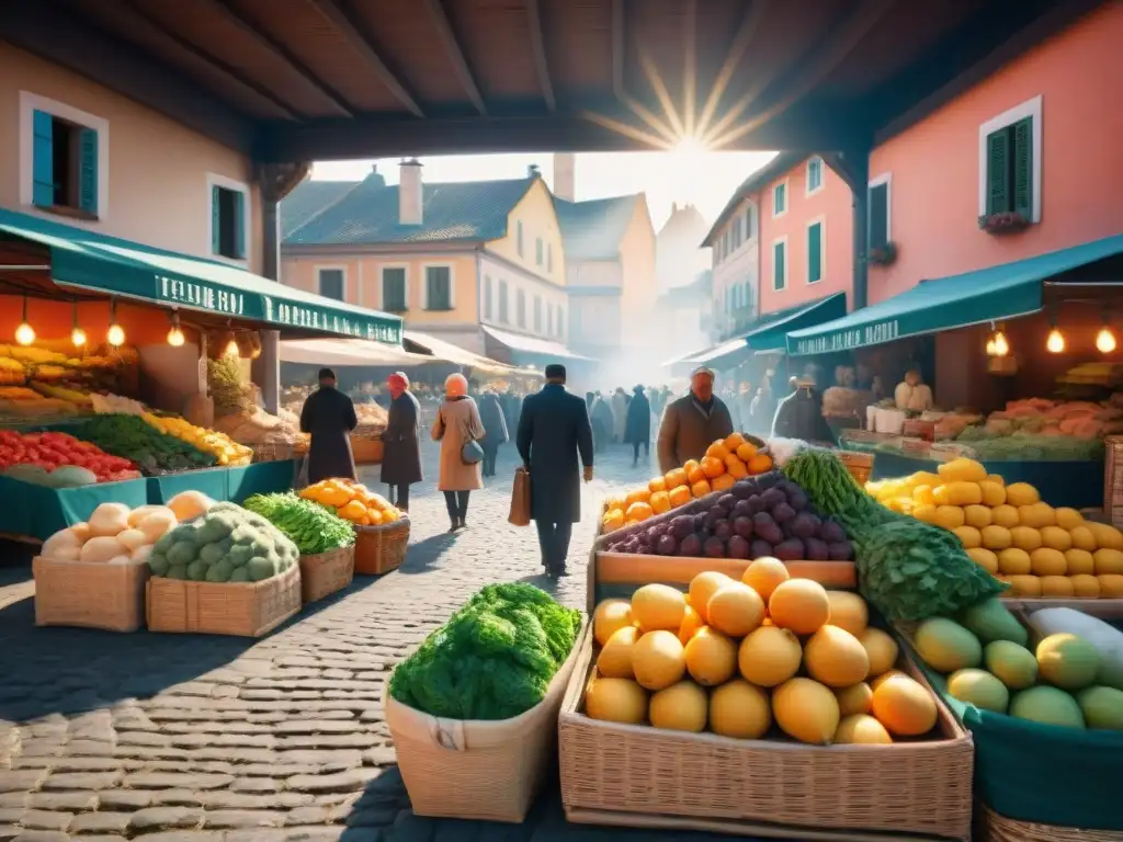 Un vibrante mercado al aire libre con puestos de frutas y verduras, gente diversa y arquitectura europea