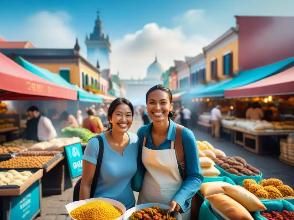 Un vibrante mercado al aire libre con viajeros sonrientes disfrutando de una comida, mientras exploran opciones sin gluten