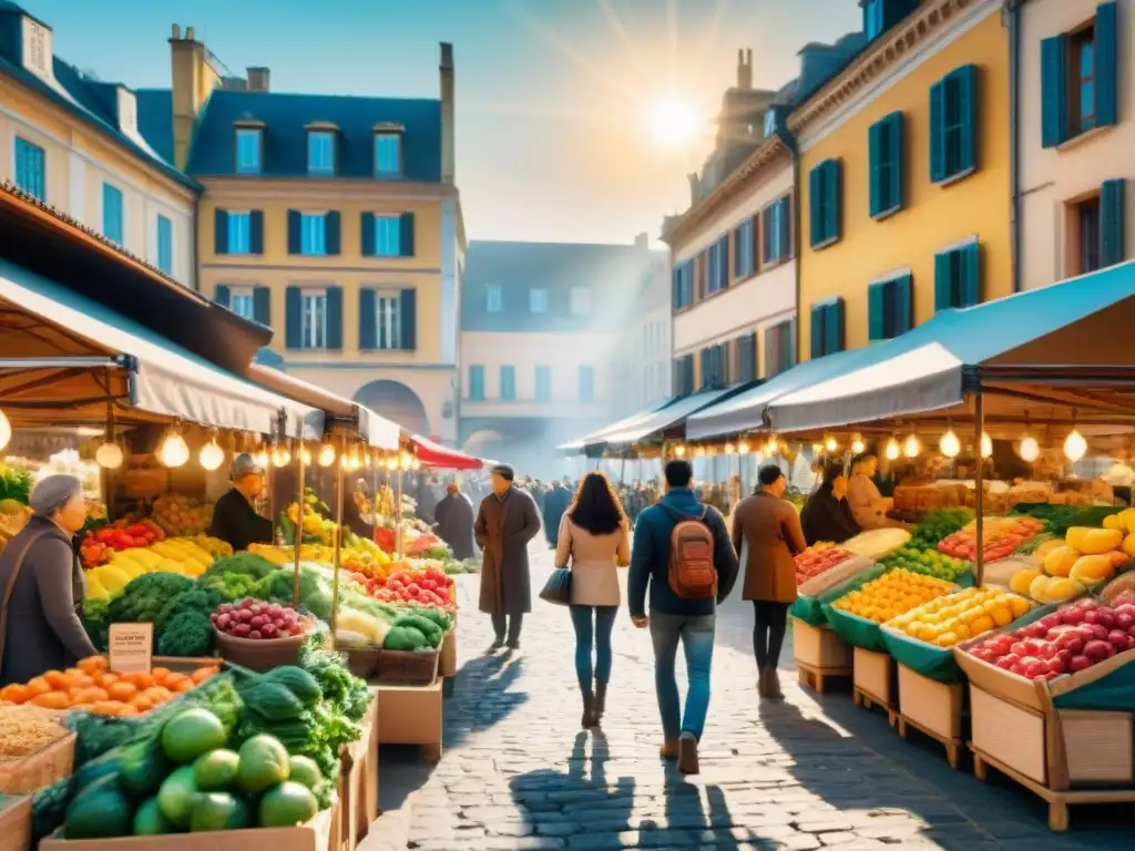 Vibrante mercado al aire libre con puestos coloridos ofreciendo productos frescos y sin gluten