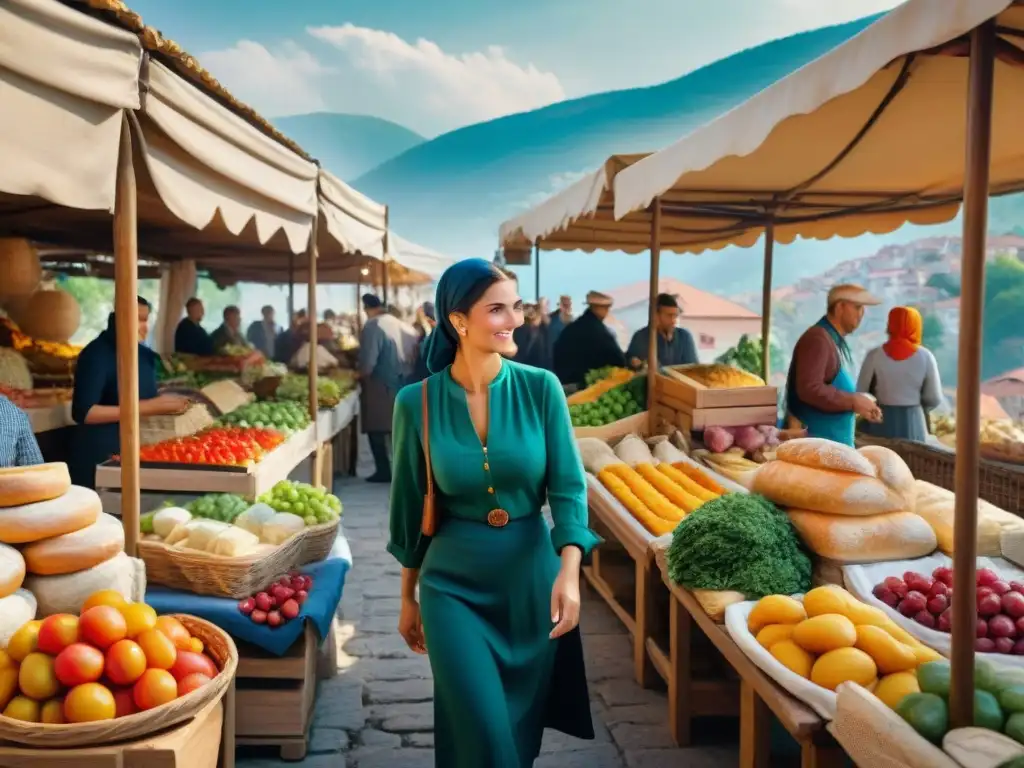 Un vibrante mercado al aire libre en los Balcanes con frutas, verduras, quesos y pan fresco