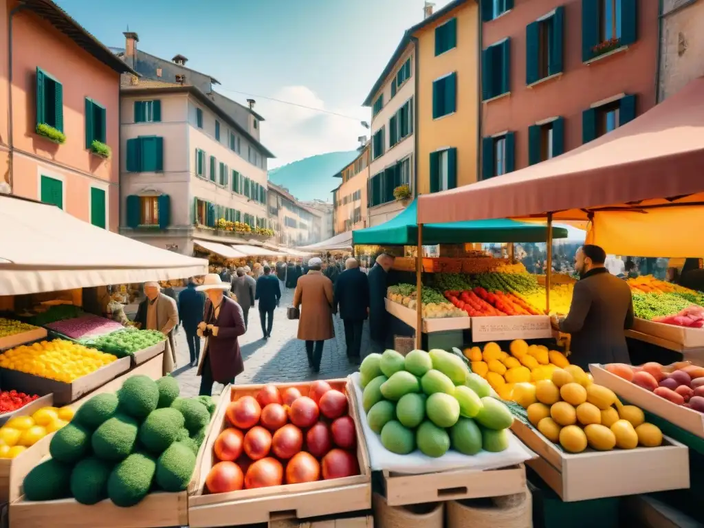 Un vibrante mercado al aire libre en Italia con puestos coloridos de frutas, verduras y productos sin gluten