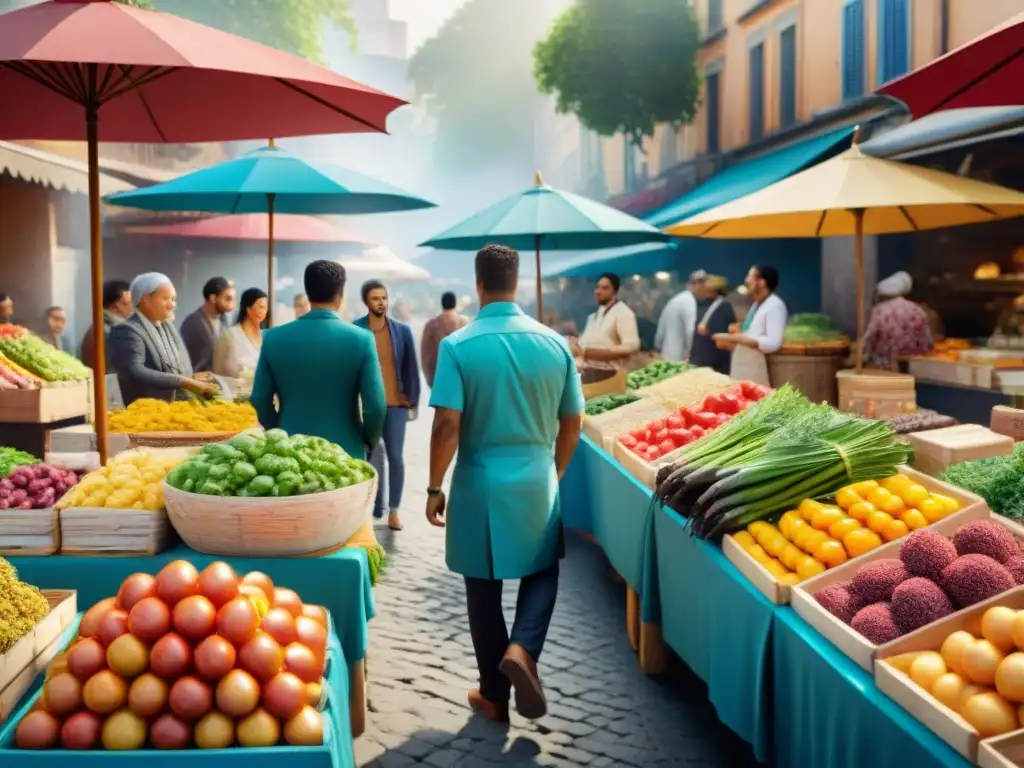 Un vibrante mercado al aire libre donde amigos prueban recetas sin gluten innovadoras