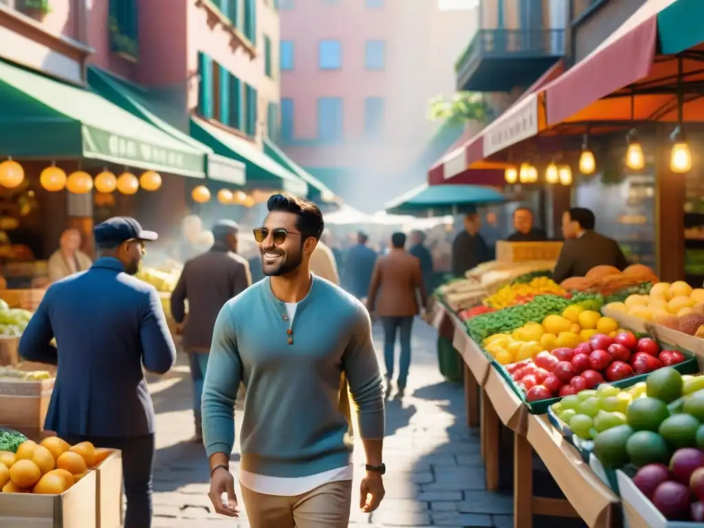 Un vibrante mercado al aire libre con puestos de comida diversa y colorida, gente disfrutando de opciones sin gluten