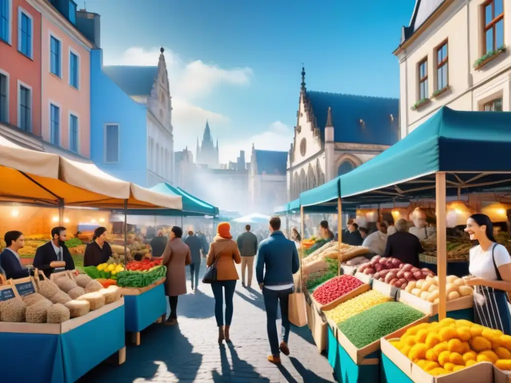 Un vibrante mercado al aire libre donde la innovación en productos sin gluten une a la comunidad en alegría y camaradería bajo un cielo azul