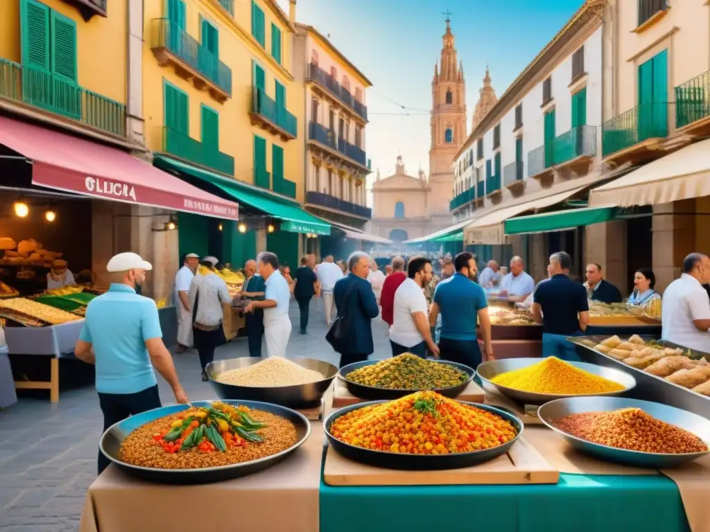 Un vibrante mercado de alimentos sin gluten en Murcia, con delicias españolas y arquitectura histórica al fondo