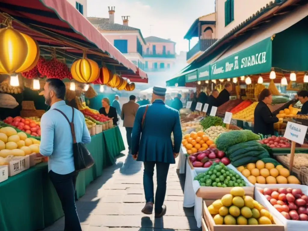 Vibrante mercado de alimentos sin gluten en Málaga, con frutas, verduras y productos artesanales coloridos