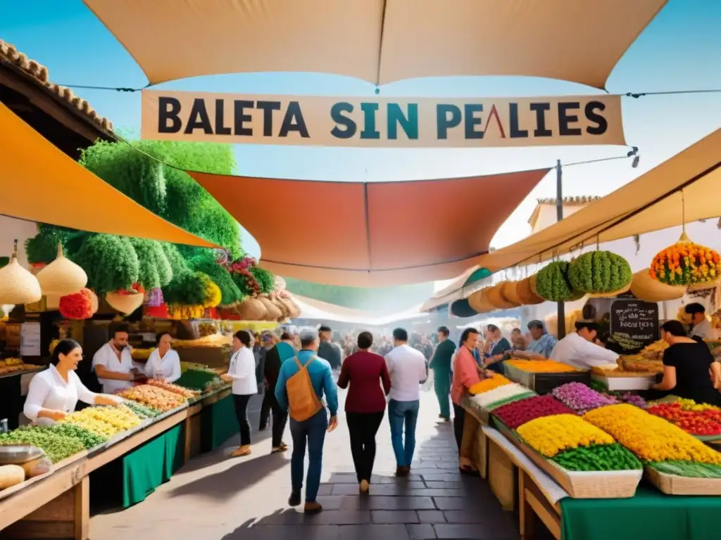 Vibrante mercado de alimentos en Córdoba con recetas sin gluten innovadoras y ambiente festivo