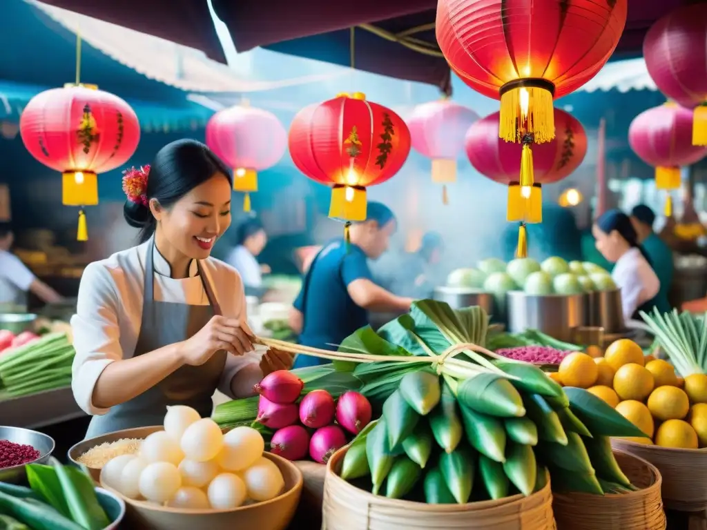 Un vibrante mercado asiático sin gluten lleno de coloridos puestos de frutas exóticas y chefs expertos preparando platillos tradicionales