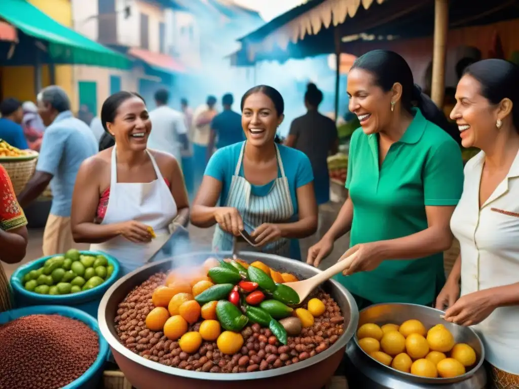 Vibrante mercado brasileño con receta feijoada sin gluten, mujeres riendo y alimentos coloridos