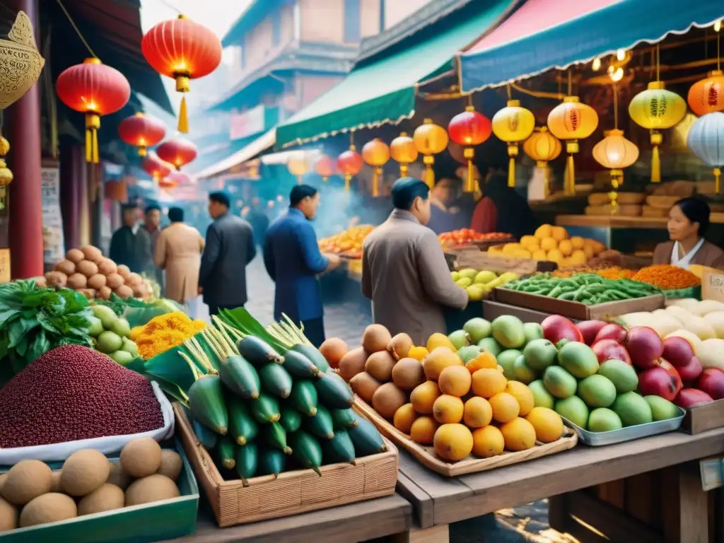 Un vibrante mercado callejero asiático lleno de coloridas paradas ofreciendo una amplia variedad de platos asiáticos sin gluten completos