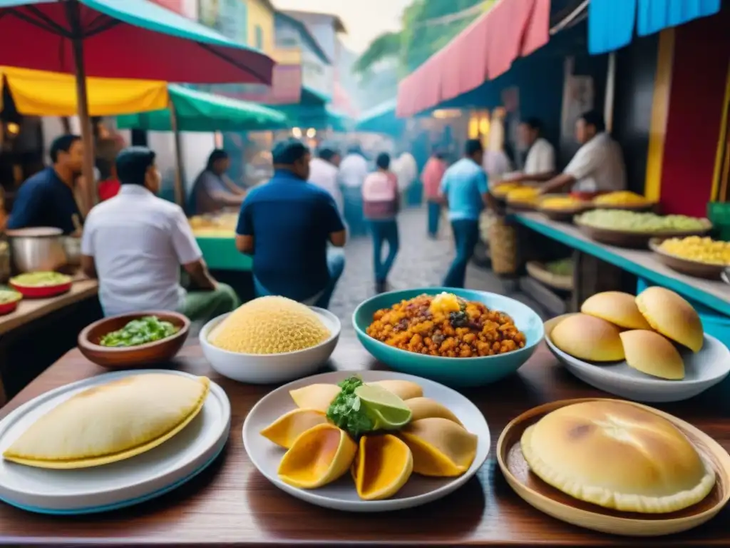 Un vibrante mercado callejero de comida latinoamericana sin gluten, con arepas, tacos y empanadas, música y decoraciones tradicionales