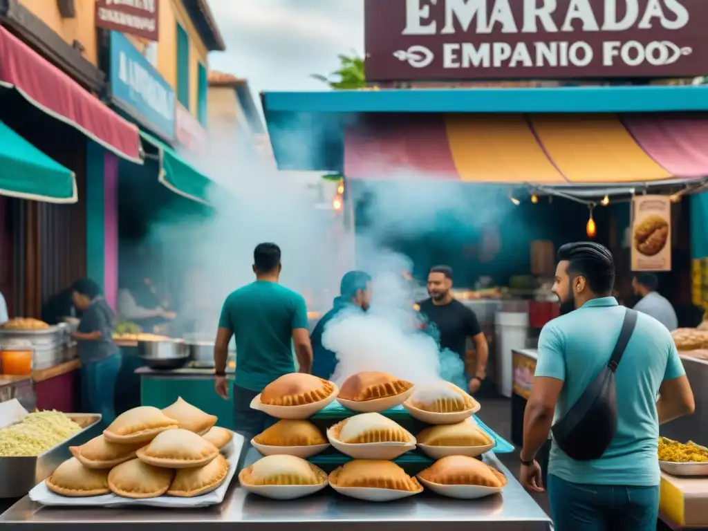 Vibrante mercado callejero de comida latina sin gluten con empanadas, tacos, arepas y ceviche en ciudad latinoamericana