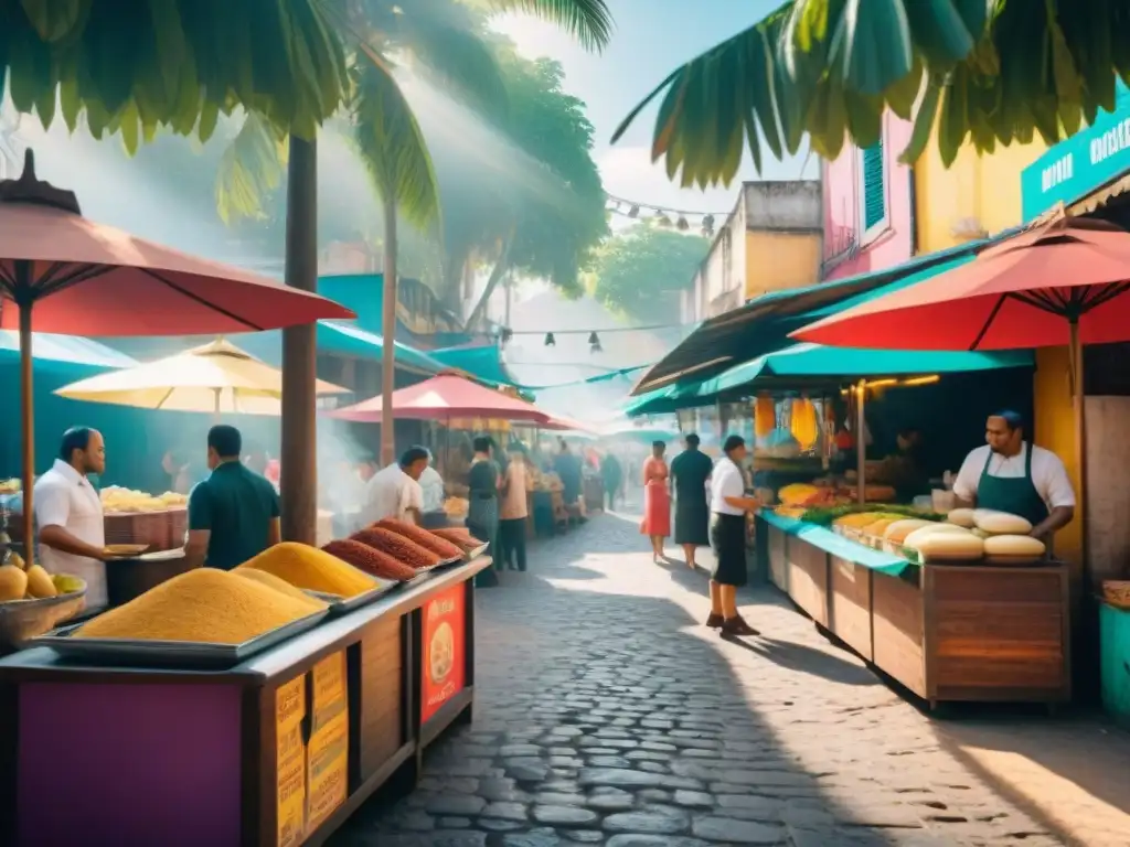 Un vibrante mercado callejero en América Latina con recetas street food latino sin gluten