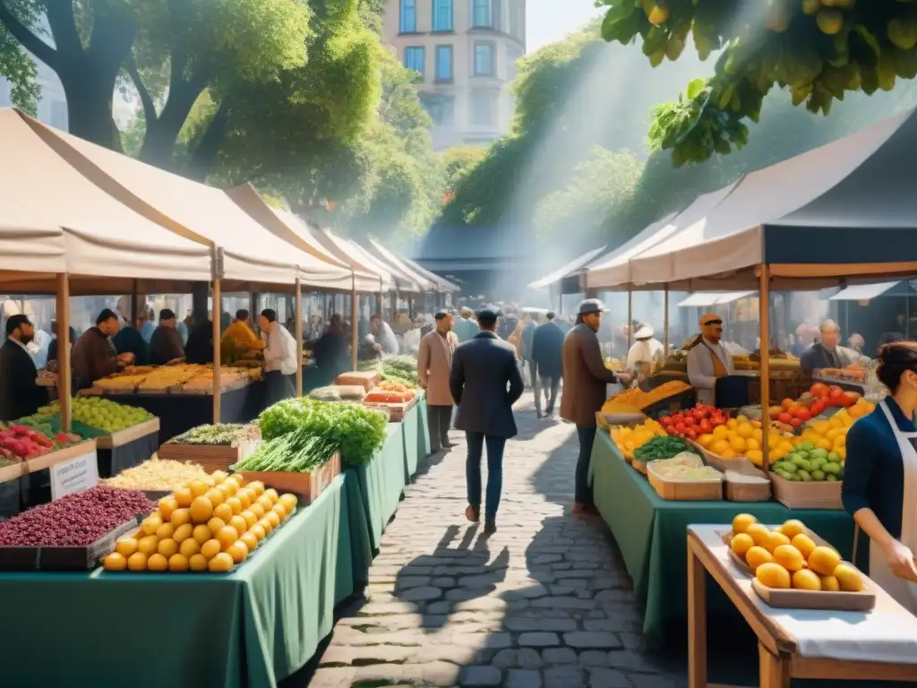 Un vibrante mercado de comida al aire libre en una ciudad, con frutas, verduras y delicias sin gluten locales