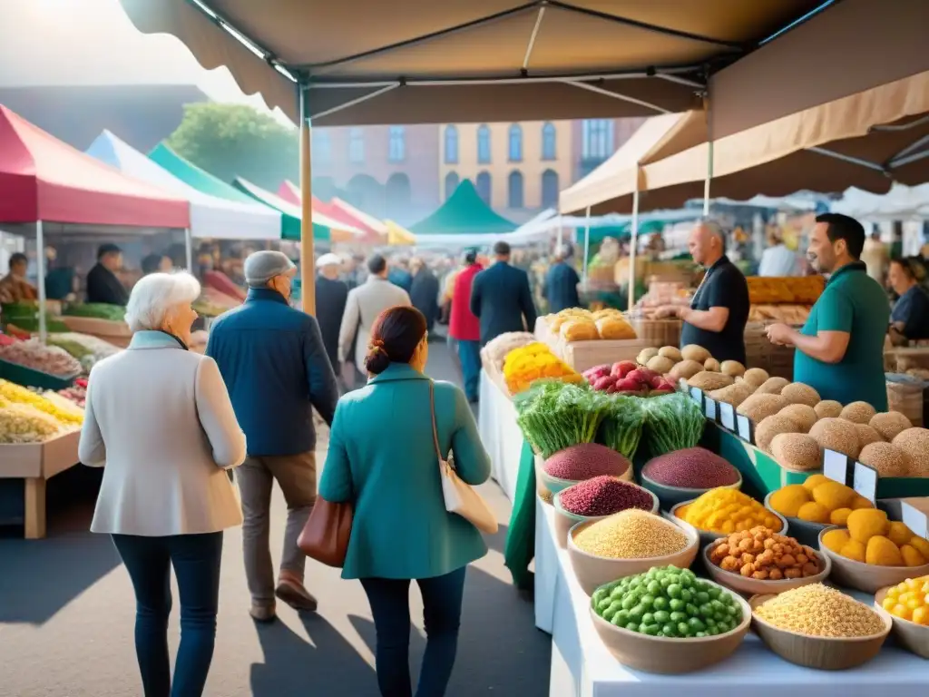 Vibrante mercado de emprendimientos sin gluten: coloridos productos frescos, clientes y vendedores en comunidad