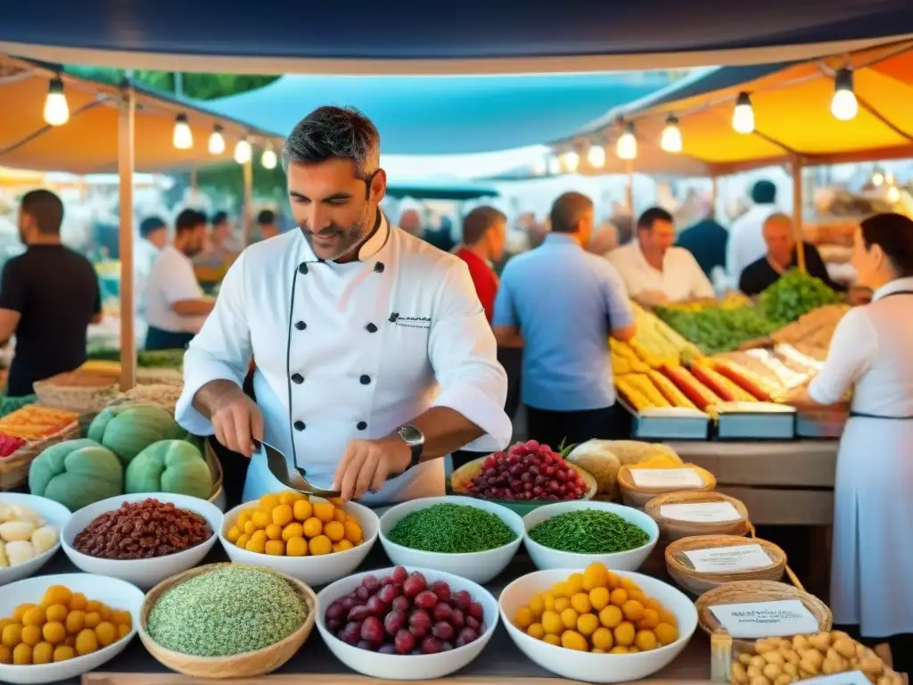 Un vibrante mercado gastronómico al aire libre en Menorca, con una amplia variedad de platos sin gluten