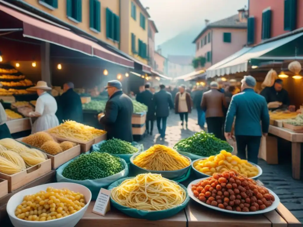 Un vibrante mercado italiano sin gluten, con coloridos puestos de pasta, vegetales y tradicionales ingredientes italianos