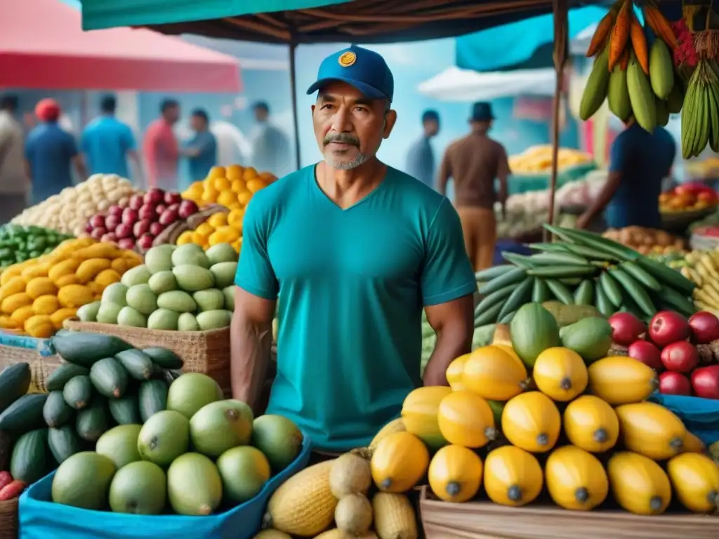 Vibrante mercado latino con productos autóctonos y coloridos