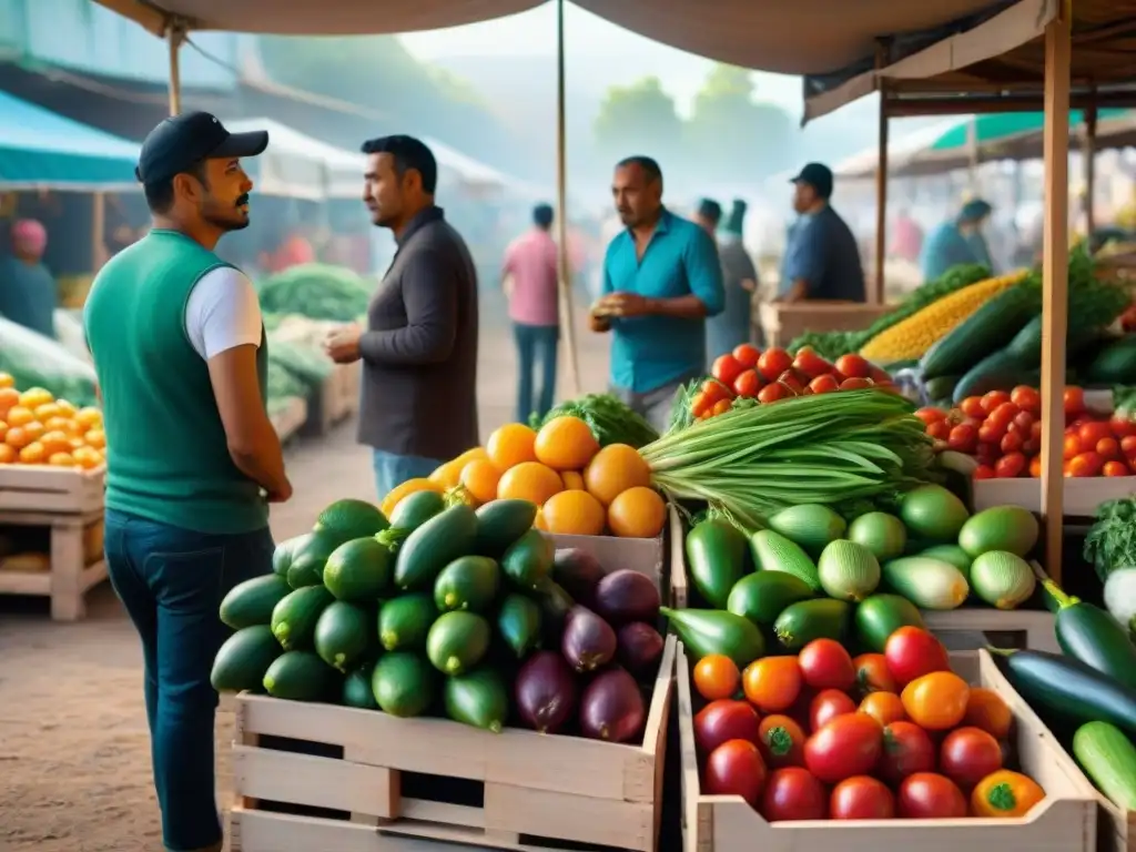 Un vibrante mercado latino con vegetales frescos, vendedores y clientes, perfecto para recetas sin gluten con vegetales latinos