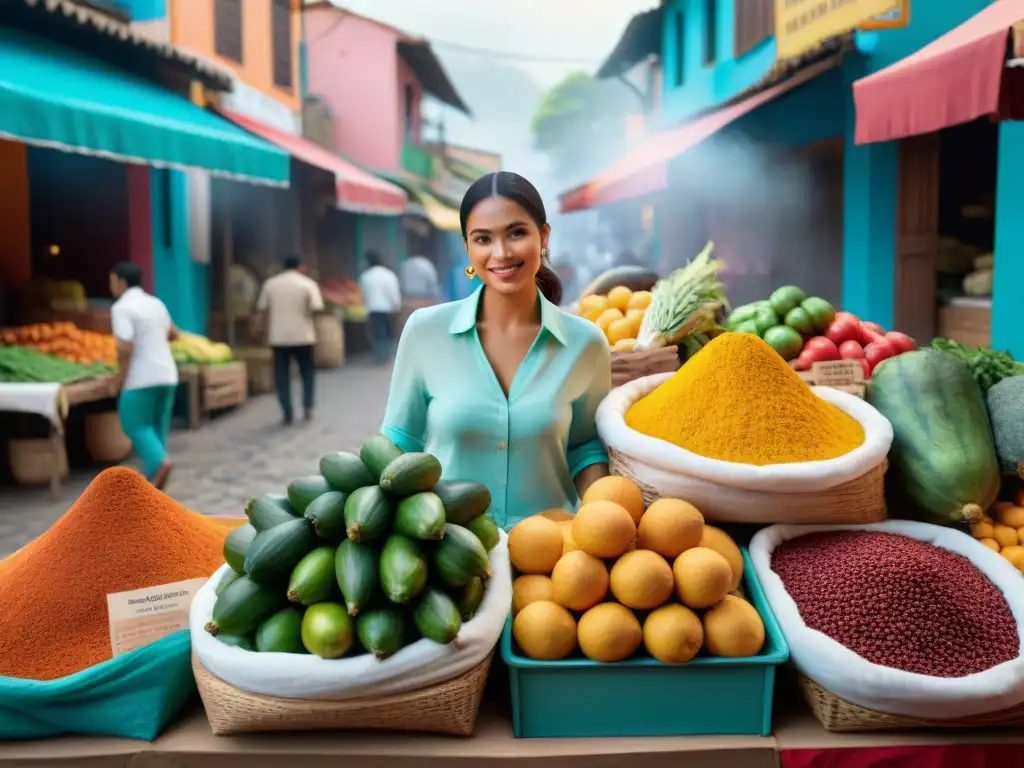 Un vibrante mercado latinoamericano rebosante de coloridas paradas con productos frescos sin gluten