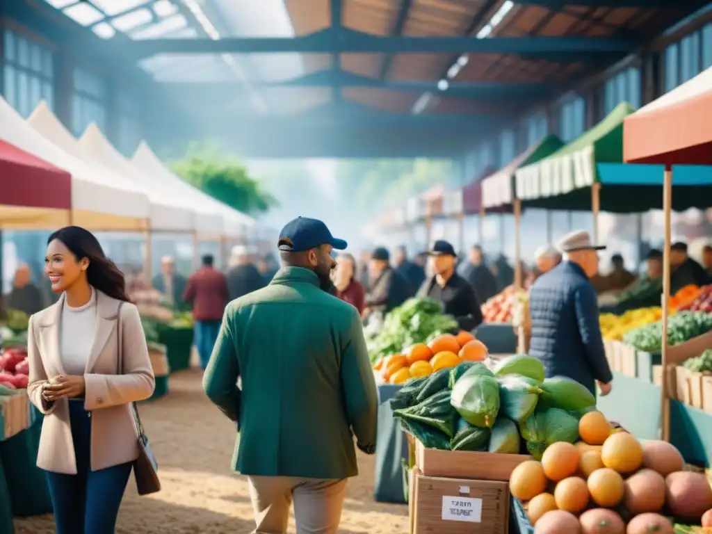 Un vibrante mercado lleno de productos orgánicos sin gluten beneficios, donde la comunidad elige saludablemente