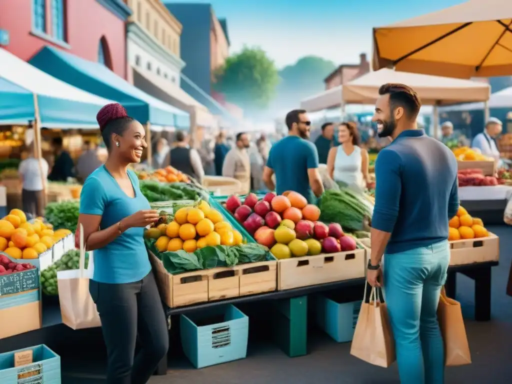 Un vibrante mercado local con productores locales en dieta sin gluten y clientes sonrientes disfrutando de la comunidad y los productos frescos