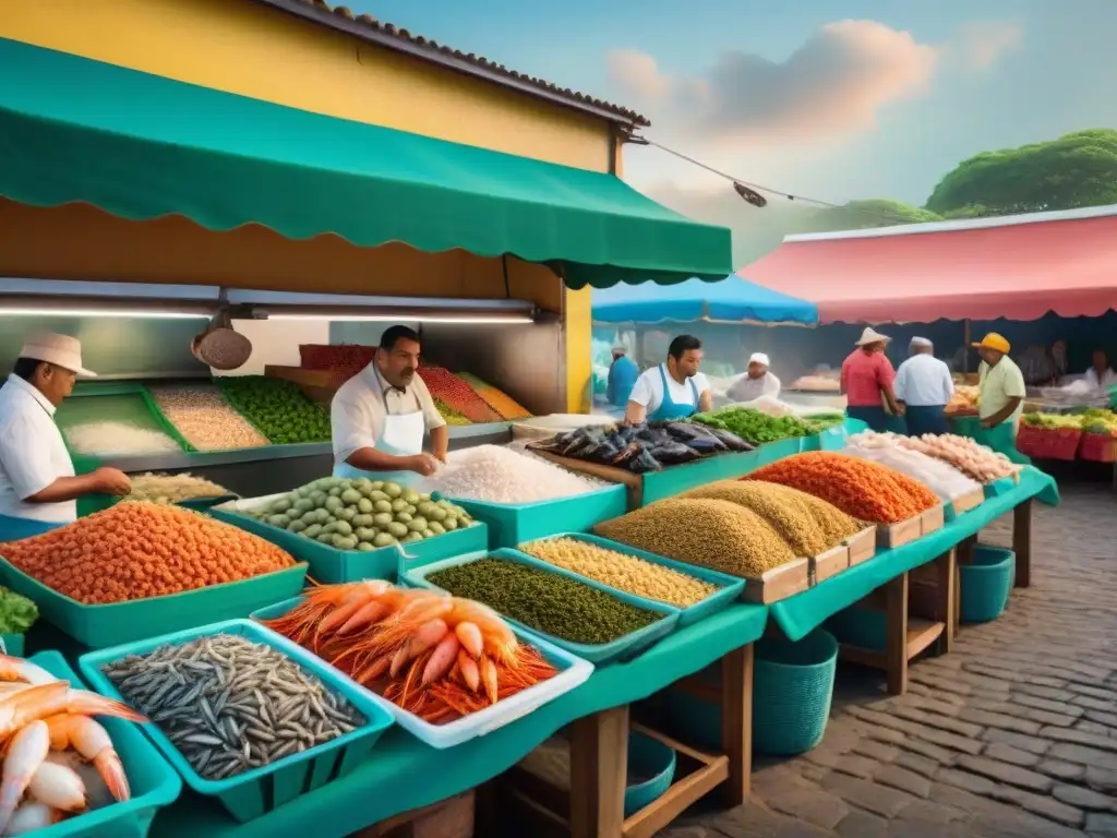 Un vibrante mercado de mariscos latinoamericano donde clientes eligen ingredientes frescos para recetas mariscos latinos sin gluten