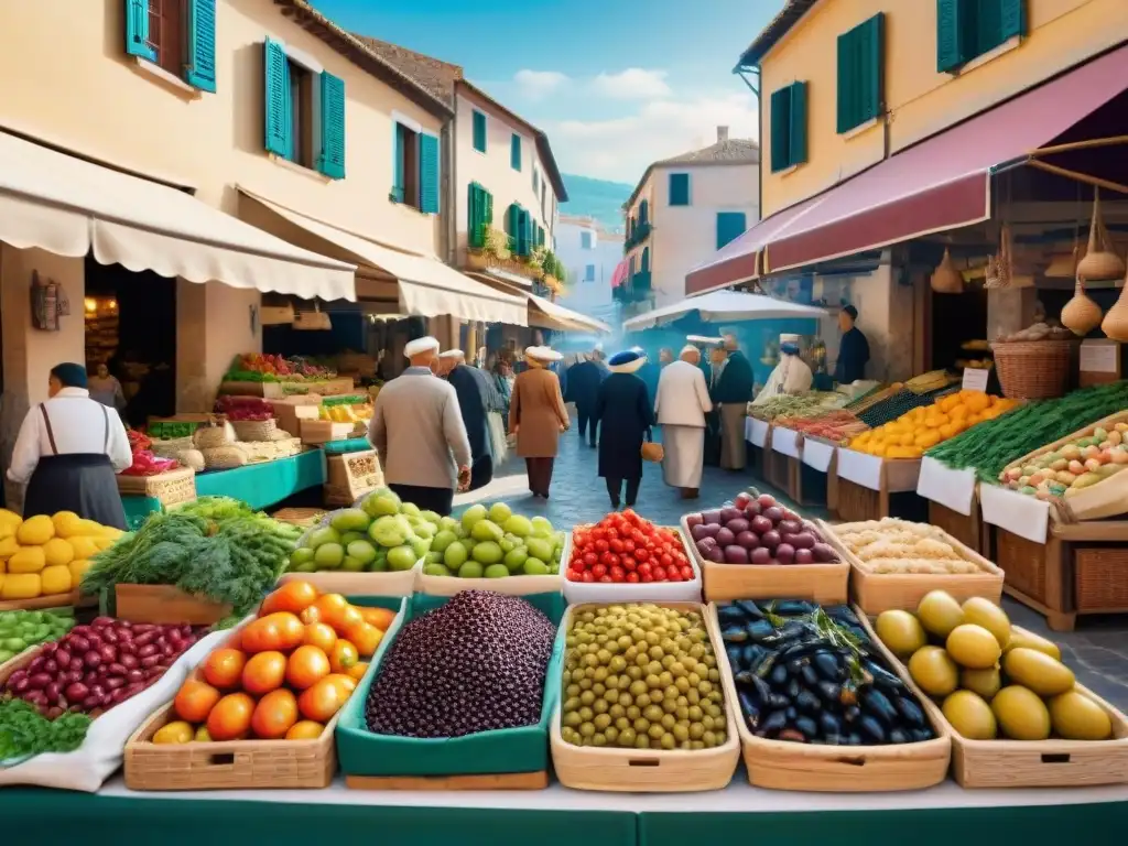 Un vibrante mercado mediterráneo con ingredientes frescos y coloridos