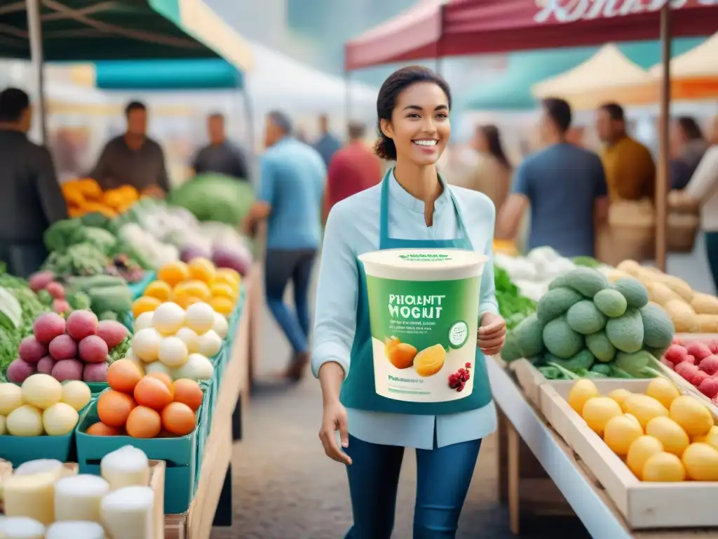 Un vibrante mercado con personas de diferentes edades y etnias disfrutando de alimentos ricos en probióticos sin gluten