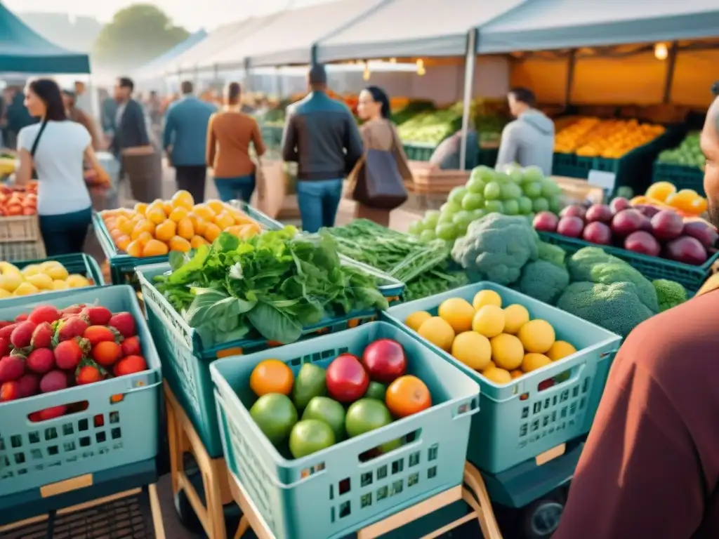 Un vibrante mercado con personas comprando inteligentemente productos veganos sin gluten