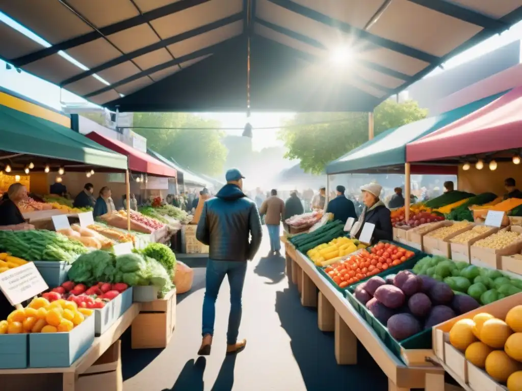 Un vibrante mercado agrícola con productos frescos y sin gluten, creando una atmósfera comunitaria y saludable