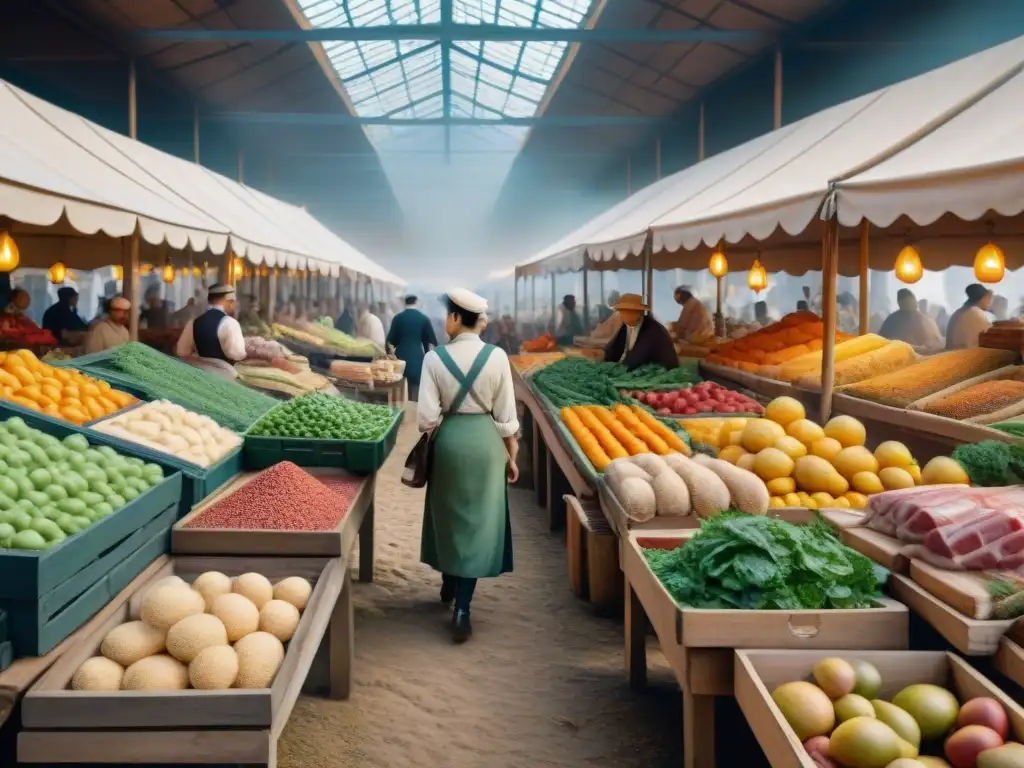 Vibrante mercado del siglo XIX con alimentos sin gluten en la Revolución Industrial