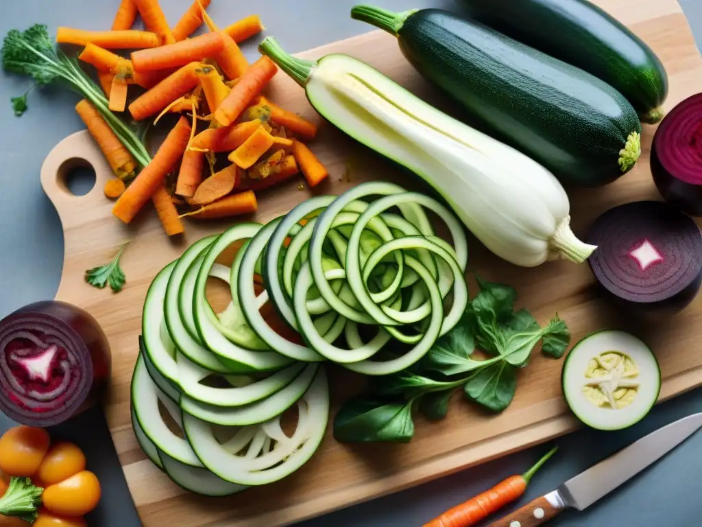 Vibrante mezcla de vegetales espiralizados en tabla de madera rústica