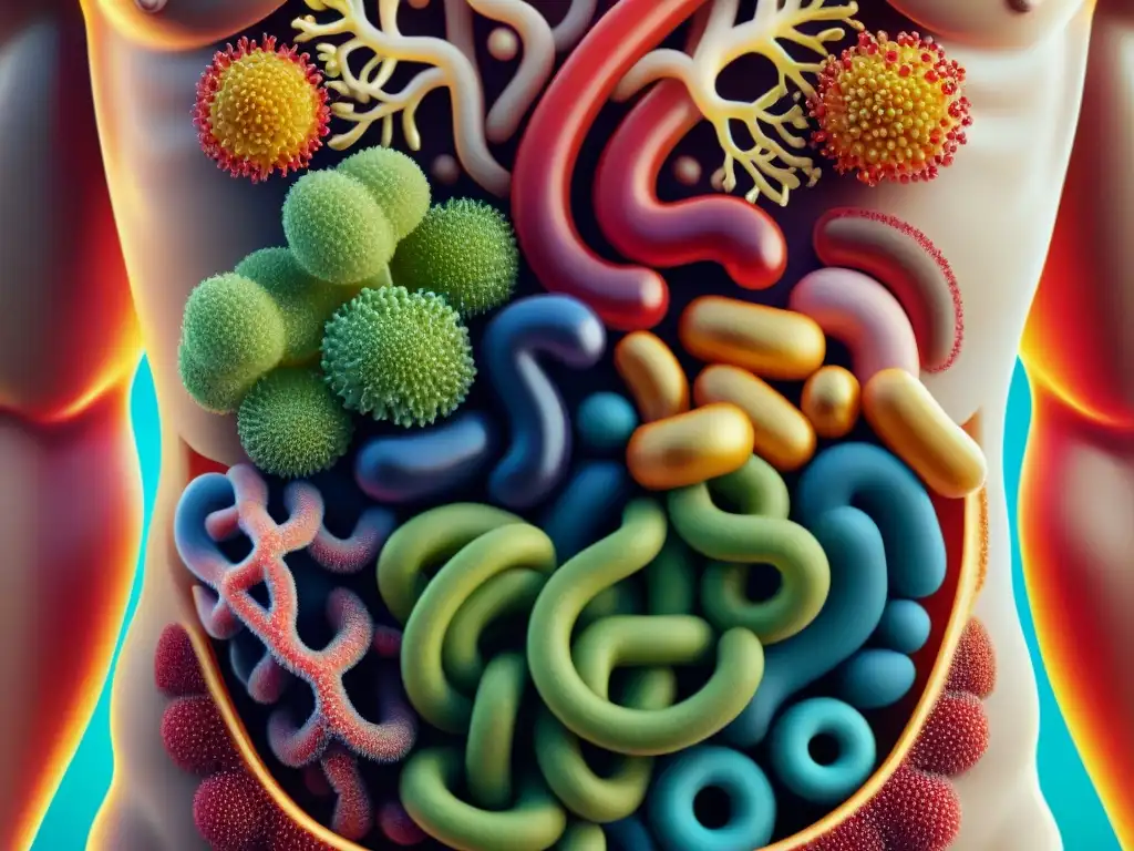 Un vibrante microbioma intestinal en armonía, ilustrando la importancia de una dieta sin gluten