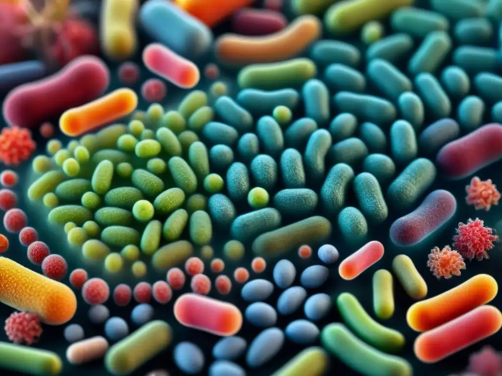 Un vibrante microcosmos de bacterias beneficiosas del intestino, ilustradas con detalle para mostrar la complejidad de la microbiota