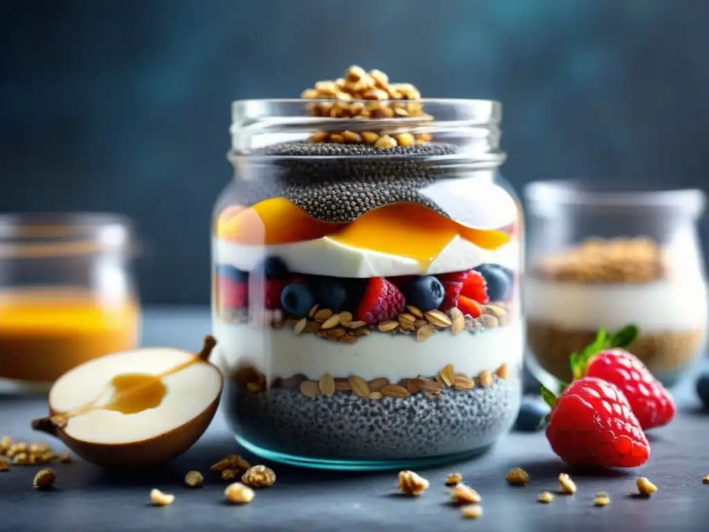 Deléitate con un vibrante parfait de semillas de chía en capas con frutas frescas y miel