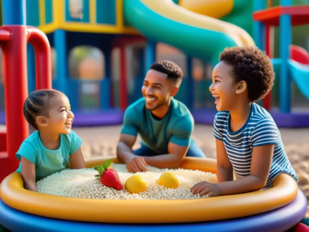 Un vibrante parque infantil donde niños diversos comparten meriendas sin gluten, promoviendo una crianza saludable