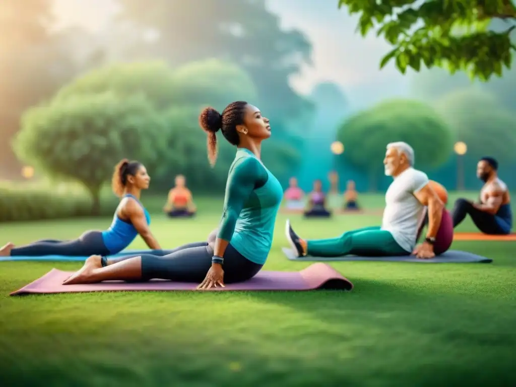 Un vibrante parque donde personas diversas realizan yoga, corren y levantan pesas, transmitiendo comunidad y bienestar