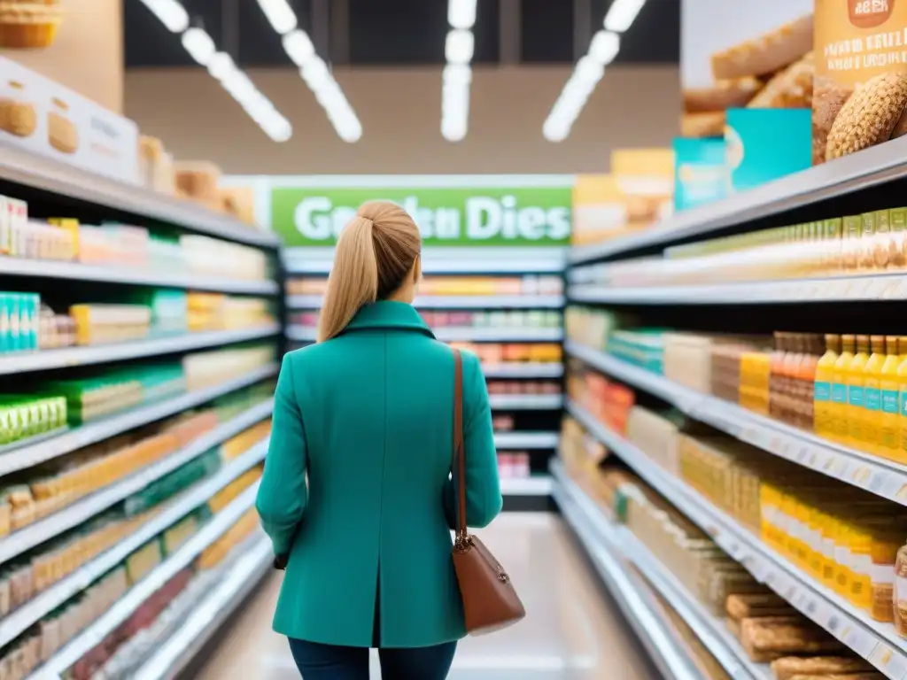 Variedad sin gluten: productos vibrantes en supermercado Vibrante pasillo de supermercado con productos sin gluten, reflejando el impacto económico de la dieta sin gluten