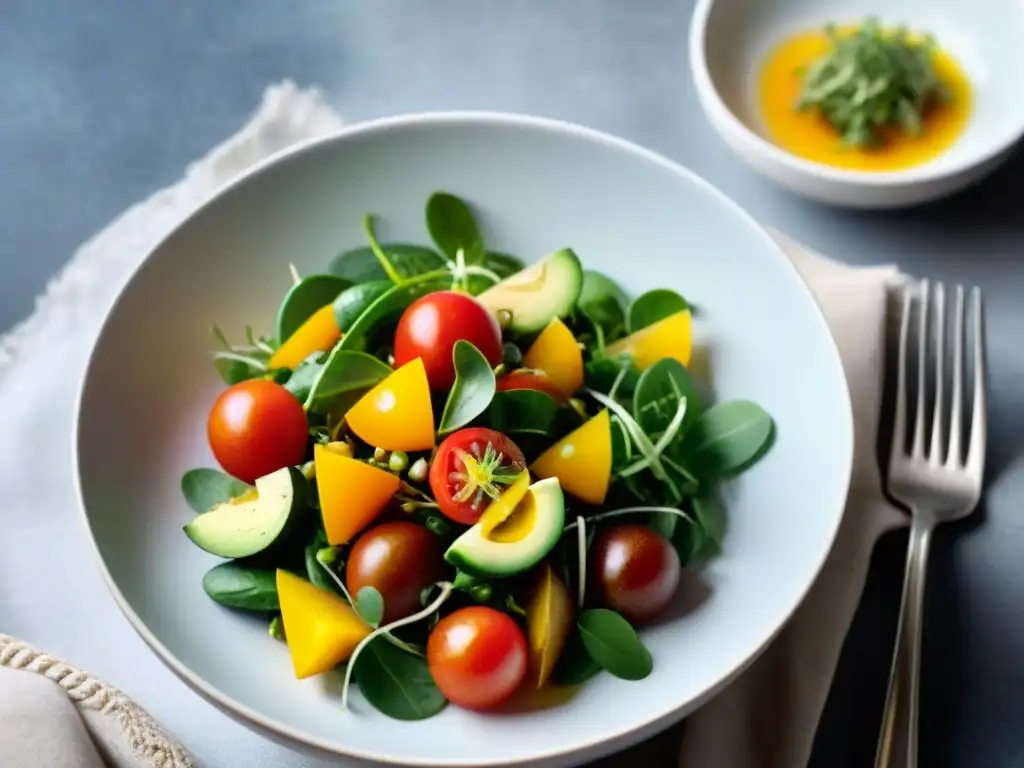 Un vibrante plato de ensalada primaveral con ingredientes frescos y coloridos, en un cuenco blanco, iluminado por el sol