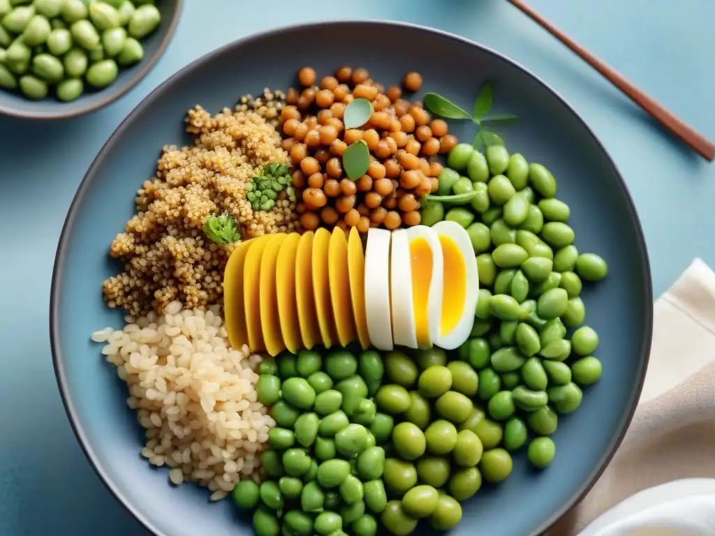 Un vibrante plato con fuentes de proteínas sin gluten: quinoa, lentejas, semillas de chía, edamame y tempeh, presentado de forma exquisita con hierbas frescas y salsa salada